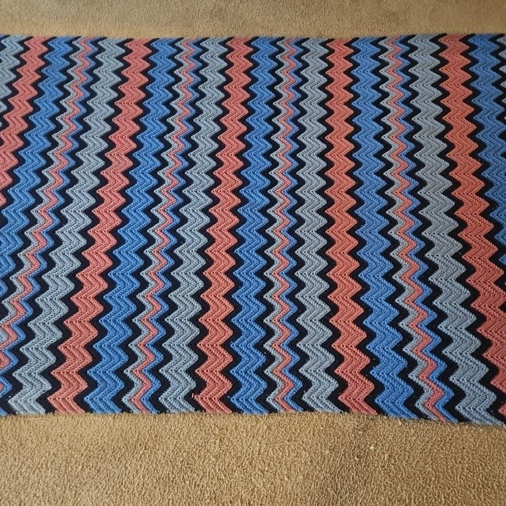Vintage Handmade Chevron Crochet Blanket Blue Pink 1970s Afghan 95
